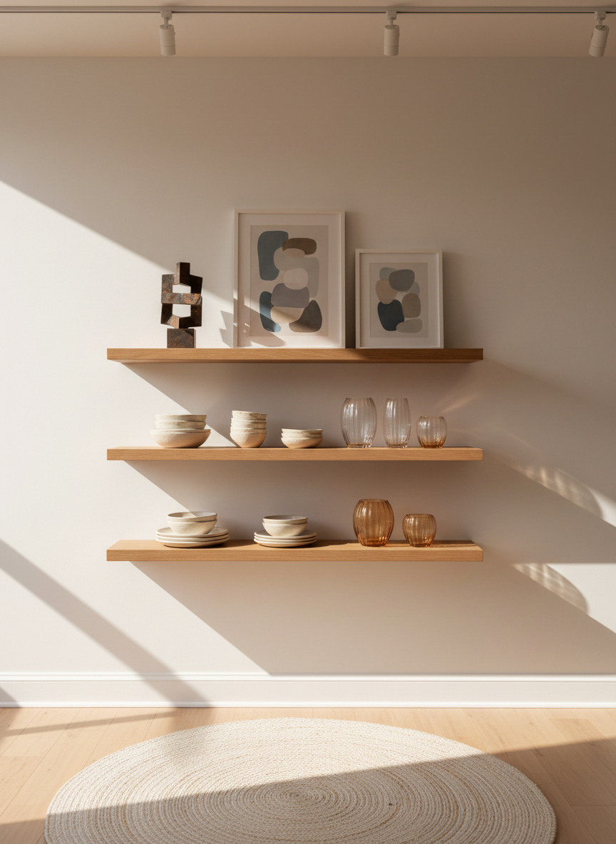 A sophisticated shelving vignette designed for a pop-up trunk show, featuring asymmetrically arranged open oak shelves holding a curated mix of decor: stacked neutral ceramics, a single blackened steel sculpture, ribbed glass vessels, and a couple of framed abstract prints leaning casually against the back panel. The backdrop is a smooth, warm white wall, and the shelves are anchored by a pale woven rug on the floor. Warm track lighting from above and to the side creates layered shadows and subtle highlights, giving depth without harsh contrast. Shot at eye level in photographic realism with the shelves framed by negative space, the image conveys thoughtful, intentional merchandising from a professional sourcing studio.