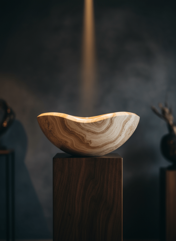 A dramatic, close-up photographic realism image of a single hero decor piece selected for an auction centerpiece: a large hand-carved travertine bowl with soft, organic edges and visible stone veining, resting on a dark walnut pedestal. The background is a deep charcoal wall that fades into shadow, with a faint outline of other blurred decor pieces. A narrow beam of warm spotlight from above grazes the rim of the bowl, emphasizing its texture and sculptural form while casting a gentle shadow on the pedestal. Shot from a slightly low angle with shallow depth of field, the composition feels elevated, reverent, and distinctly high-end.
