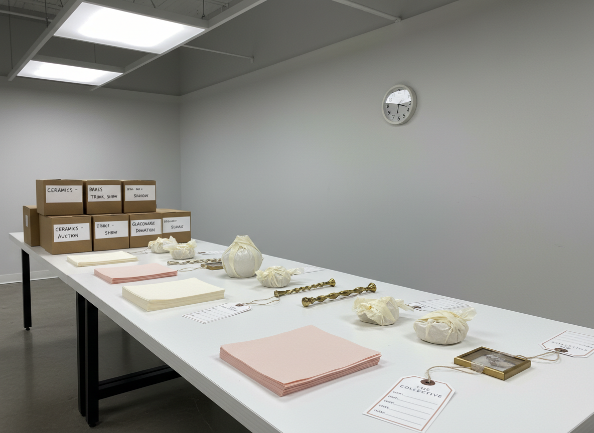 A meticulously arranged packing and staging area for sourced decor, showing labeled kraft boxes, stacks of neatly folded tissue paper, custom-printed inventory tags, and a row of carefully wrapped small objects like ceramic vases and brass candlesticks. The items sit on a long white worktable in a clean studio with pale grey walls and minimal clutter. Overhead daylight-balanced studio lighting creates even illumination and crisp, professional clarity, with subtle shadows under each object. Photographic realism with a slightly elevated angle and deep focus underscores the organized, methodical side of decor sourcing for trunk shows and fundraising auctions.