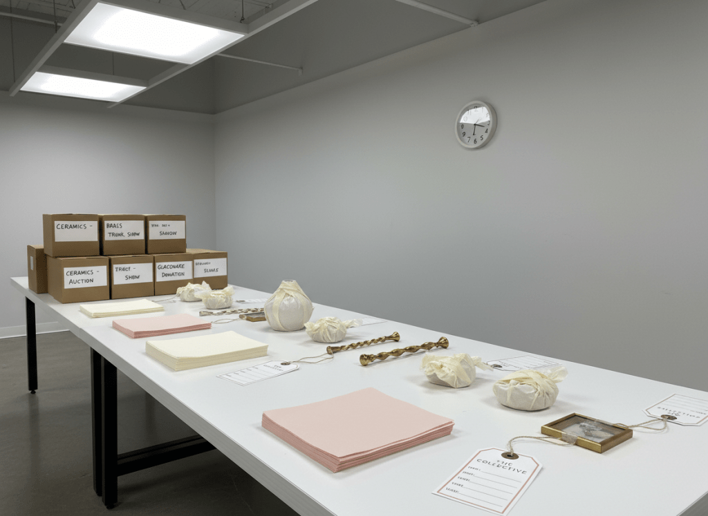 A meticulously arranged packing and staging area for sourced decor, showing labeled kraft boxes, stacks of neatly folded tissue paper, custom-printed inventory tags, and a row of carefully wrapped small objects like ceramic vases and brass candlesticks. The items sit on a long white worktable in a clean studio with pale grey walls and minimal clutter. Overhead daylight-balanced studio lighting creates even illumination and crisp, professional clarity, with subtle shadows under each object. Photographic realism with a slightly elevated angle and deep focus underscores the organized, methodical side of decor sourcing for trunk shows and fundraising auctions.
