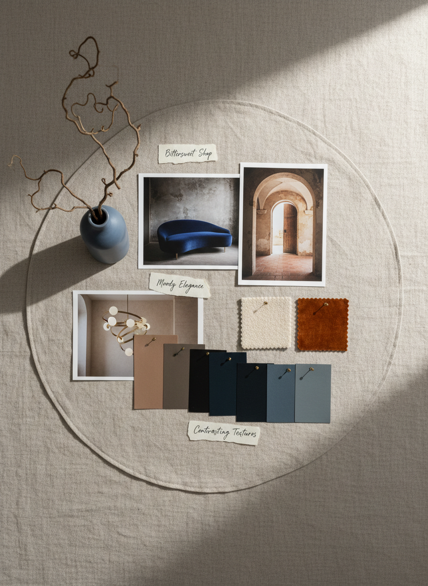 A curated moodboard for a “Bittersweet Shop” themed project laid out across a wide linen-covered table, featuring printed photos of moody yet elegant interiors, paint chips in warm taupes and inky blues, small samples of boucle and velvet, and photos of sculptural lighting fixtures. A single dried branch in a slim ceramic cylinder vase anchors one corner of the composition. Soft, overcast daylight enters from the right, producing a gentle, even wash of light with delicate shadows that highlight layered papers and textures. Photographic realism with a top-down composition and subtle vignetting creates a focused, professional atmosphere that communicates the brand’s curated aesthetic direction.