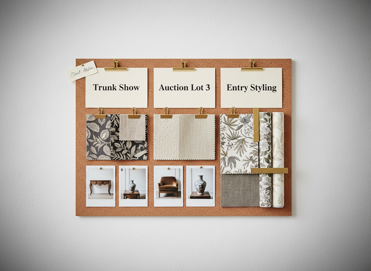 A close-up photographic realism shot of a professional sourcing board mounted on a clean white wall, featuring pinned Polaroid-style photos of decor pieces, clipped fabric and wallpaper swatches, and neatly labeled cards reading “Trunk Show”, “Auction Lot 3”, and “Entry Styling”. Slim brass pins and minimalist bulldog clips hold the materials in place. Soft, diffused studio lighting eliminates harsh shadows, allowing textures and colors to appear accurate and true-to-life. Captured straight-on with sharp focus and a subtle vignette, the composition feels orderly and professional, highlighting the strategic planning and curation behind decor and furniture sourcing for special projects and events.