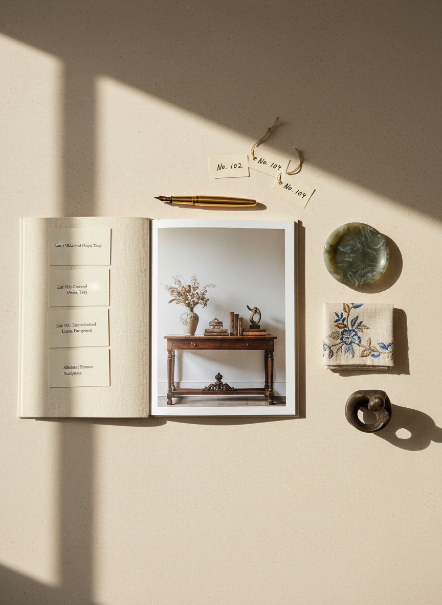 A refined flat lay of a fundraising auction catalog in progress on a pale stone surface, showing an open booklet with a full-page photograph of a styled console table, surrounded by printed lot cards, a brass fountain pen, and small tags with handwritten lot numbers. Beside the paper materials, a few actual decor samples appear: a carved onyx tray, a fragment of embroidered linen, and a small bronze sculpture. Natural window light from the left creates gentle shadows and soft highlights, giving the scene a warm, meticulous, and organized feeling. Photographic realism with a top-down composition emphasizes clarity and professionalism in the sourcing and presentation process.